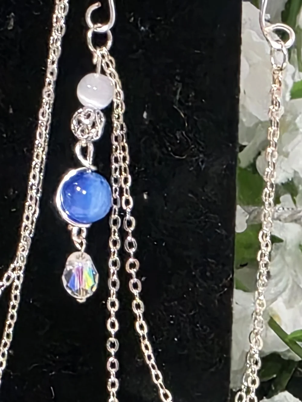 Silver Chain Dangle Ear Cuffs with Blue  Cat-eye Bead